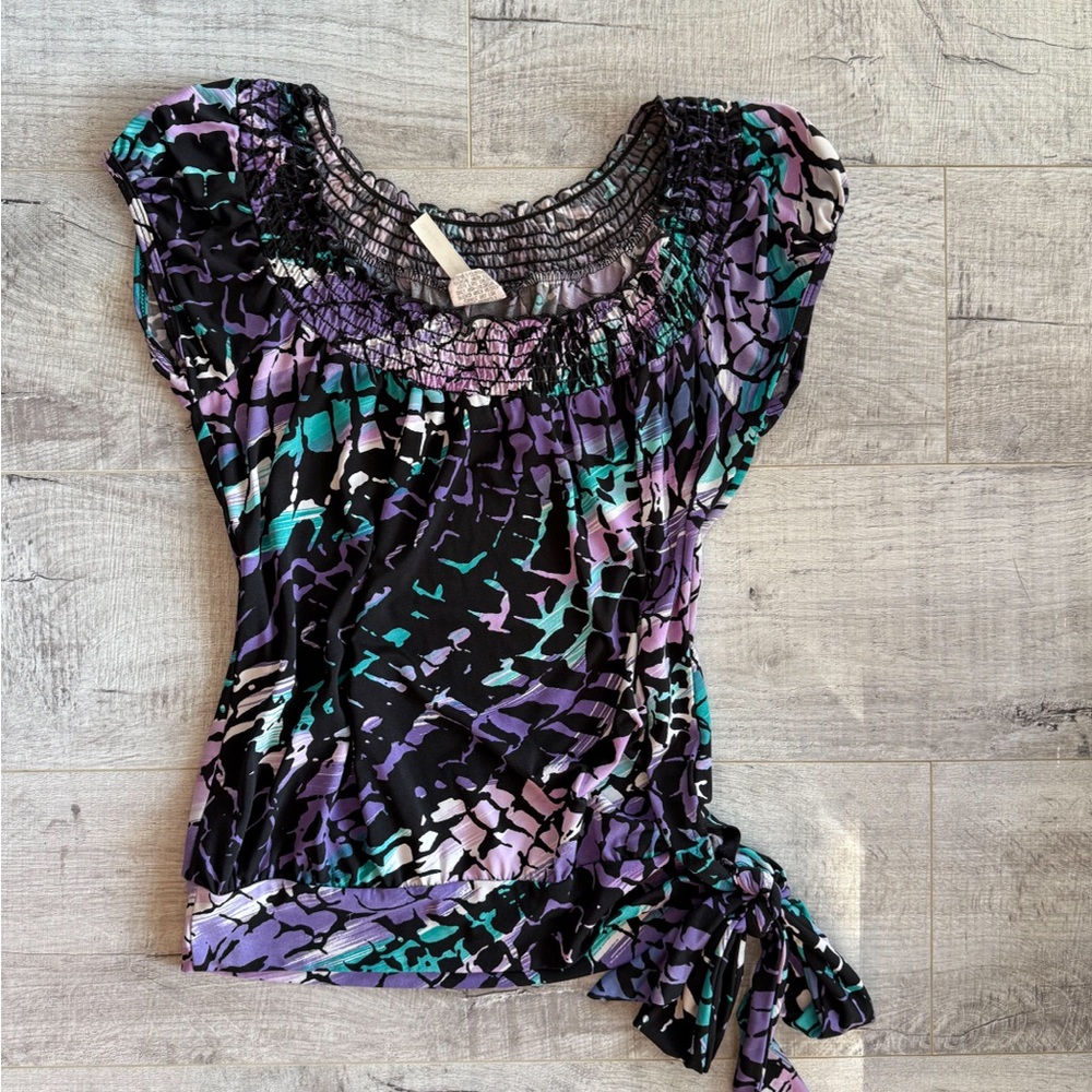 Vintage Y2K Heart Soul Purple and Teal Patterned Off the Shoulder Top
